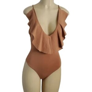 LPA One-Piece V Neck Ruffle Swimsuit Tan Size S